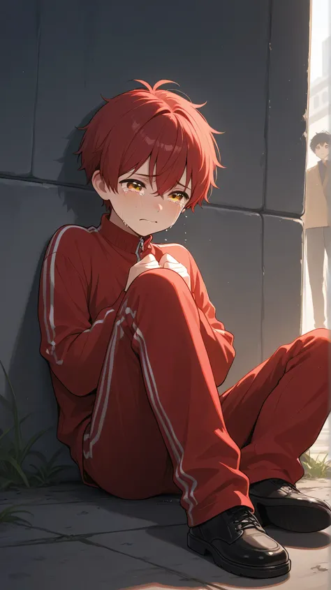 young boy ,red short hair, yellow eyes,crying sitting on the ground