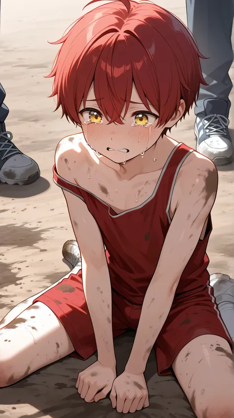 young boy ,red short hair, yellow eyes,crying sitting on the ground dirty body