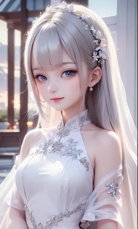 (masterpiece),(4K),High Quality,(small breasts),one girl、Sexy Saint , Long Silver Hair ,pale skin,smile, beautifully detailed grey eyes, ( high-definition and elegant ),( white cape let fashion), Magical Color and Atmosphere, detailed skin from sleeve to c...
