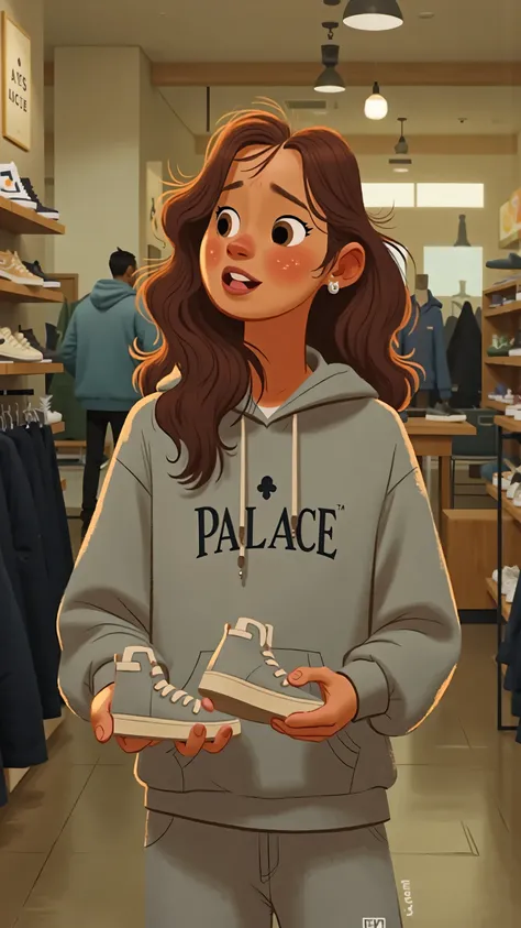 frontal footage ,Medium shot,Inside the shoe store,A stylish and elegant young woman(has long brown wavy hair that is naturally flowing,Brown eyes, yellow skin),She's wearing a light gray hoodie(The word “PALACE” is printed on the chest),light grey sweatp...