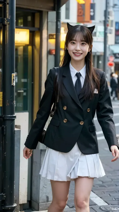 1 girl, Japanese high school girl, (Black blazer uniform), (Walking the streets of Shibuya), (white cat ear headband with earrings),((smiles))masterpiece, top quality, top quality, Movie Lighting, ( Stereo lighting ), extremely detailed CG unity 8kの壁紙, Con...