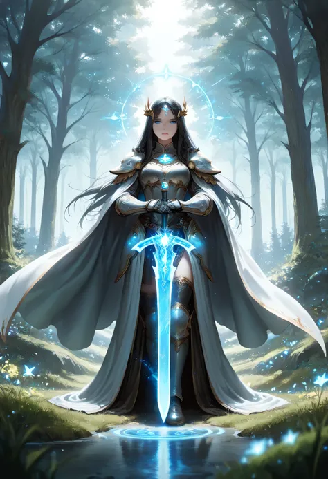 a picture of female human paladin of nature protecting the forest, wearying heavy armor, divine armor, flowing cloak, long cloak, armed with a sword, glowing sword, radiant sword, wearing a glowing holy symbol, a woman, divine knight, full body, perfect bo...
