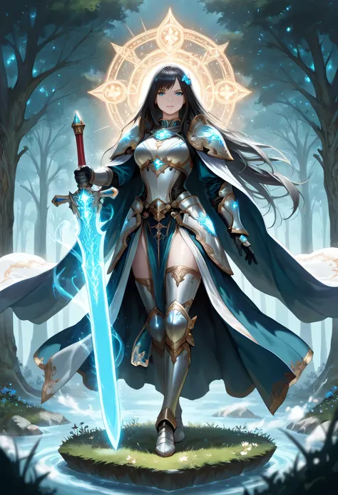 a picture of female human paladin of nature protecting the forest, wearying heavy armor, divine armor, flowing cloak, long cloak, armed with a sword, glowing sword, radiant sword, wearing a glowing holy symbol, a woman, divine knight, full body, perfect bo...
