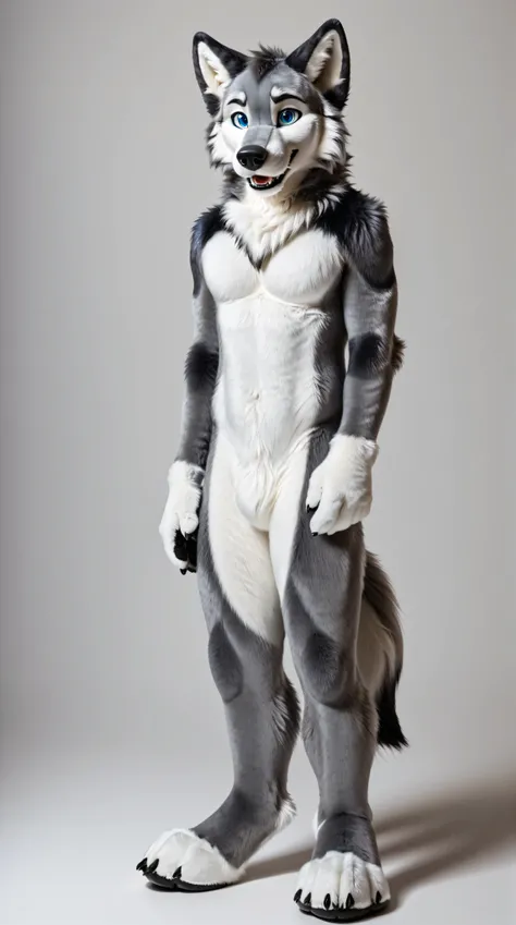 full body, fursuit, male, grey, grey limbs wolf, blue eyes, plain background