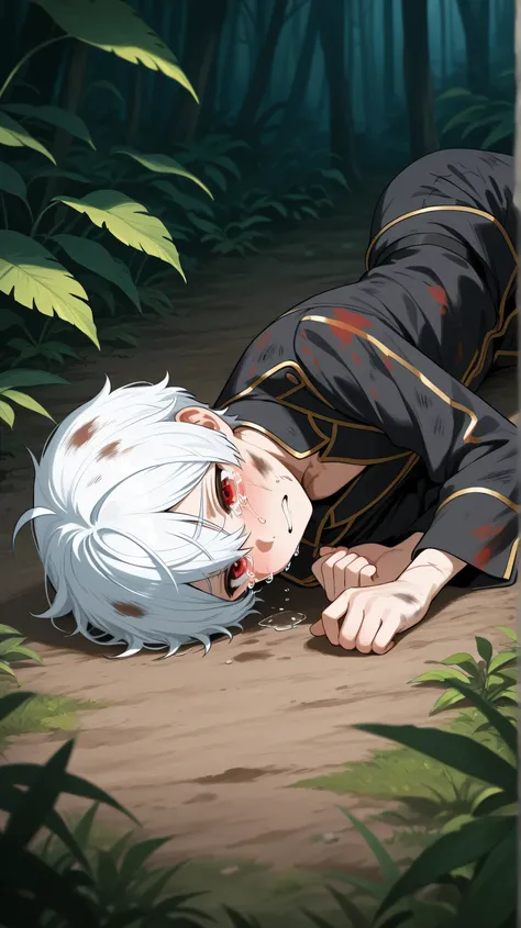 young boy ,white short hair, red eyes,crying lying on the ground in jungle dirty body black suite