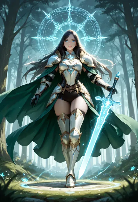 a picture of female human paladin of nature protecting the forest, wearying heavy armor, divine armor, white armor, flowing cloak, long cloak, green cloak, armed with a sword, glowing sword, radiant sword, wearing a glowing holy symbol, a woman, divine kn...