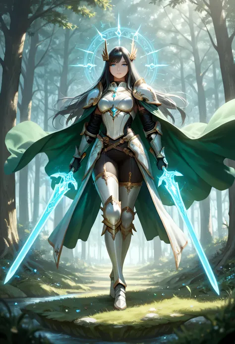 a picture of female human paladin of nature protecting the forest, wearying heavy armor, divine armor, white armor, flowing cloak, long cloak, green cloak, armed with a sword, glowing sword, radiant sword, wearing a glowing holy symbol, a woman, divine kn...