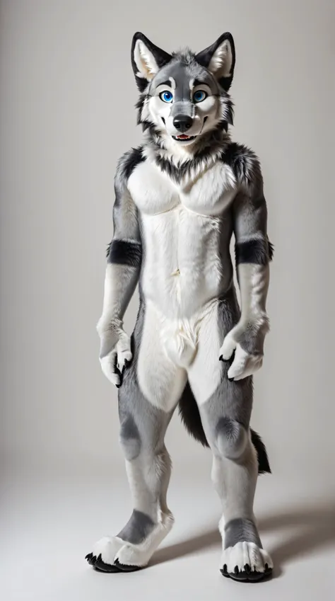 full body, fursuit, male, grey, grey limbs wolf, blue eyes, plain background