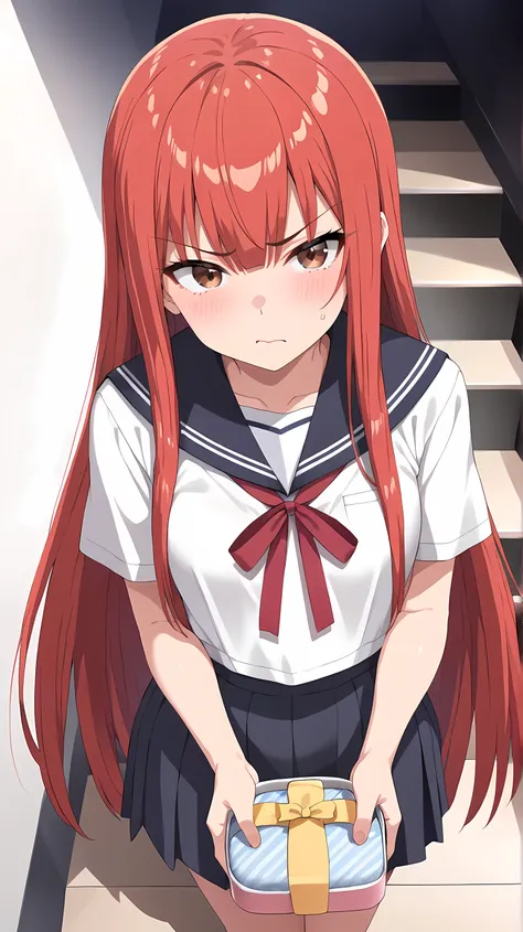 ((best quality)), ((finely detailed)), ((anatomically correct)), ((clear lines)), (top rated on pixiv), ((cinematic lighting)), 1girl, ((long straight red hair)), ((tsundere)), (shining skin), round face, sulking, light blush, ((detailed brown eyes)), (tsu...
