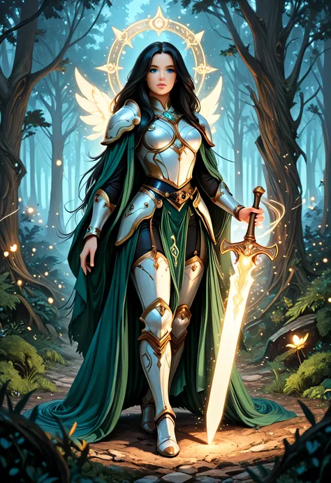 a picture of female human paladin of nature protecting the forest, wearying heavy armor, divine armor, white armor, flowing cloak, long cloak, green cloak, armed with a sword, glowing sword, radiant sword, wearing a glowing holy symbol, a woman, divine kn...