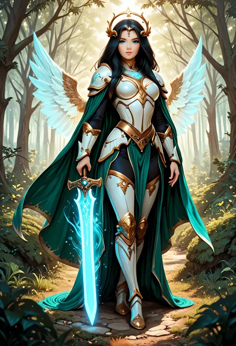 a picture of female human paladin of nature protecting the forest, wearying heavy armor, divine armor, white armor, flowing cloak, long cloak, green cloak, armed with a sword, glowing sword, radiant sword, wearing a glowing holy symbol, a woman, divine kn...