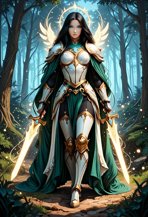 a picture of female human paladin of nature protecting the forest, wearying heavy armor, divine armor, white armor, flowing cloak, long cloak, green cloak, armed with a sword, glowing sword, radiant sword, wearing a glowing holy symbol, a woman, divine kn...
