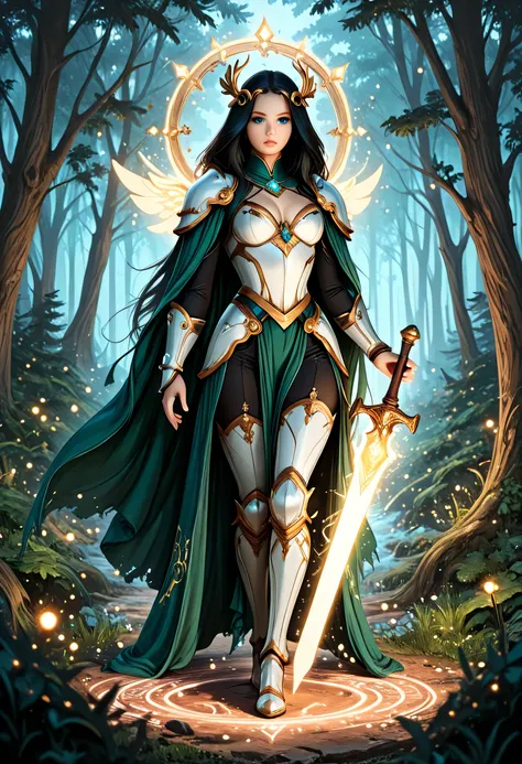 a picture of female human paladin of nature protecting the forest, wearying heavy armor, divine armor, white armor, small cleavage, flowing cloak, long cloak, green cloak, armed with a sword, glowing sword, wearing a glowing holy symbol, a woman, divine k...