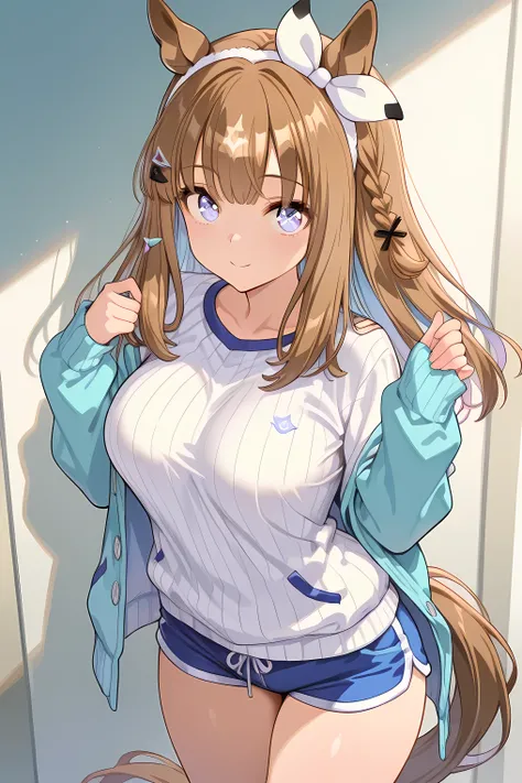 almond eye (umamusume),(((masterpiece))),(((detailed)))((best quality)),((hyper detailed)),(beautiful),((shinythighs)),(((shiny skin))),(high quality skin),((8k)),((high resolution)),light smile and light blush,closed mouth,aqua color ribbed cardigan,white...