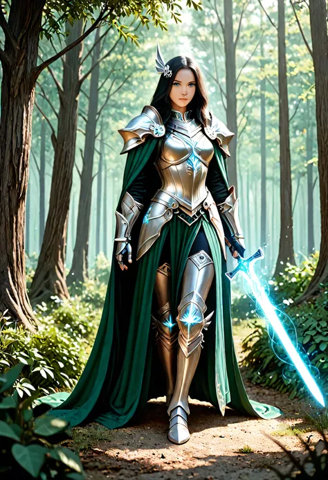a picture of female human paladin of nature protecting the forest, wearying heavy armor, divine armor, white armor, flowing cloak, long cloak, green cloak, armed with a sword, glowing sword, radiant sword, wearing a glowing holy symbol, a woman, divine kn...