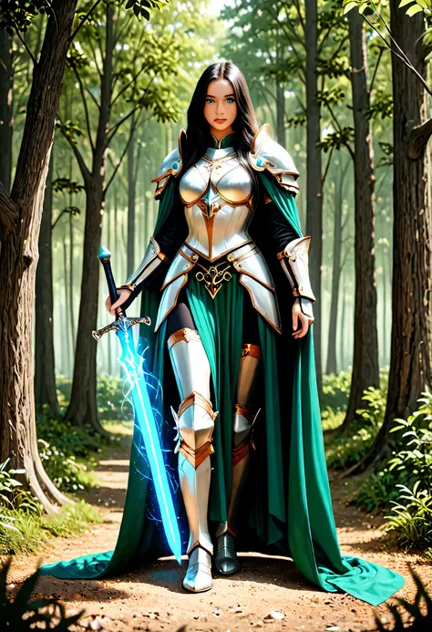 a picture of female human paladin of nature protecting the forest, wearying heavy armor, divine armor, white armor, flowing cloak, long cloak, green cloak, armed with a sword, glowing sword, radiant sword, wearing a glowing holy symbol, a woman, divine kn...