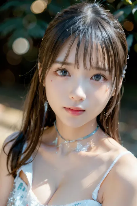 full body up , portrait, portrait,sorrow、tears、cries、 , 8k,masterpiece, top quality, 、Long face、big eyes、 troubled face、 slim、in trouble、、facing the front、flat body 、cute、、, 1 girl、looking at the camera、face to face、pure white hair、Glowing Skin、((( GLITTE...