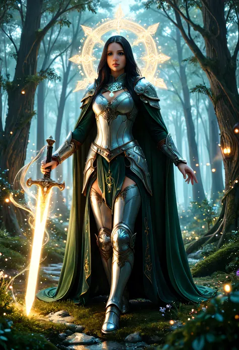 a picture of female human paladin of nature protecting the forest, wearying heavy armor, divine armor, white armor, small cleavage, flowing cloak, long cloak, green cloak, armed with a sword, glowing sword, wearing a glowing holy symbol, a woman, divine k...