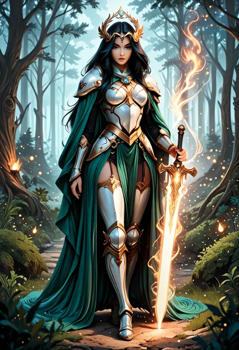 a picture of female human paladin of nature protecting the forest, wearying heavy armor, divine armor, white armor, flowing cloak, long cloak, green cloak, armed with a sword, glowing sword, radiant sword, wearing a glowing holy symbol, a woman, divine kn...