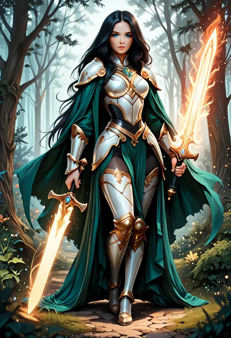 a picture of female human paladin of nature protecting the forest, wearying heavy armor, divine armor, white armor, flowing cloak, long cloak, green cloak, armed with a sword, glowing sword, radiant sword, wearing a glowing holy symbol, a woman, divine kn...