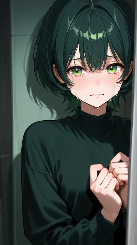 young girl ,dark green short hair,green eyes,crying black clothes grabbed hands