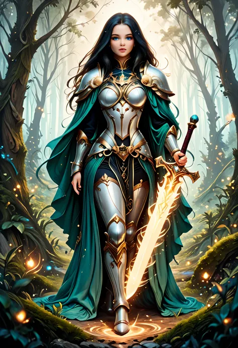 a picture of female human paladin of nature protecting the forest, wearying heavy armor, divine armor, white armor, flowing cloak, long cloak, green cloak, armed with a sword, glowing sword, radiant sword, wearing a glowing holy symbol, a woman, divine kn...