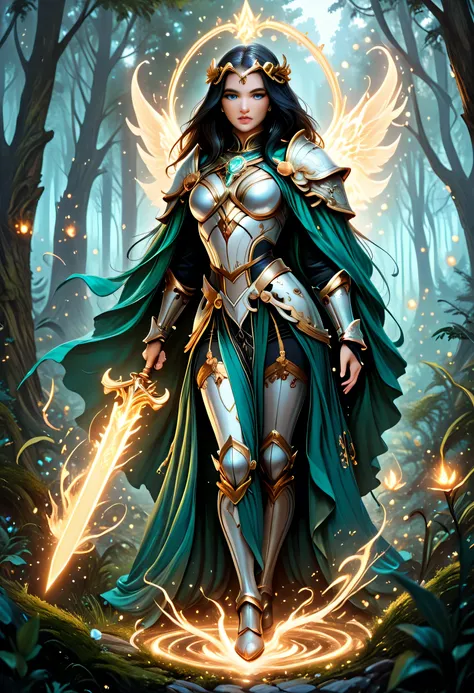 a picture of female human paladin of nature protecting the forest, wearying heavy armor, divine armor, white armor, flowing cloak, long cloak, green cloak, armed with a sword, glowing sword, radiant sword, wearing a glowing holy symbol, a woman, divine kn...