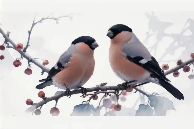 (masterpiece, best quality, official art, watercolor sketch), 2 bullfinches on the branches in winter garden, 1 male bullfinch, 1 female bullfinch, 