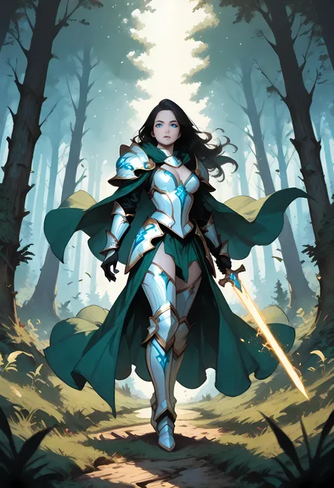 a picture of female human paladin of nature protecting the forest, wearying heavy armor, divine armor, white armor, small cleavage, flowing cloak, long cloak, green cloak, armed with a sword, glowing sword, wearing a glowing holy symbol, a woman, divine k...