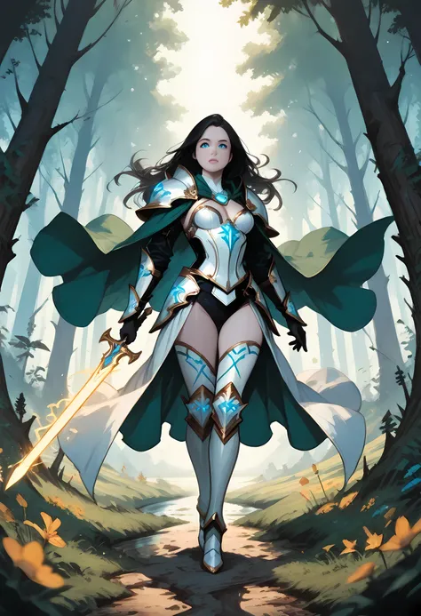 a picture of female human paladin of nature protecting the forest, wearying heavy armor, divine armor, white armor, small cleavage, flowing cloak, long cloak, green cloak, armed with a sword, glowing sword, wearing a glowing holy symbol, a woman, divine k...