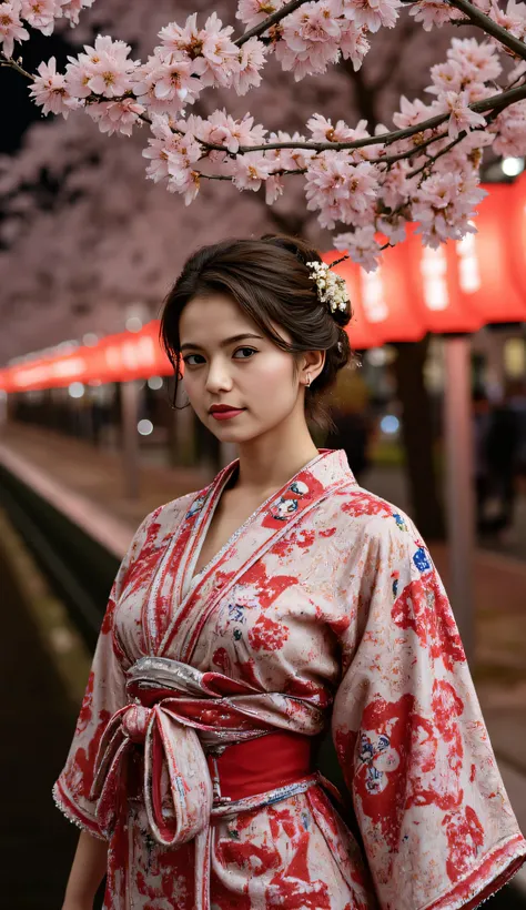 Utamaro's Ukiyo-e 、Beautiful Ukiyo-e composition、HD、4K、8k、16k、Woman uper high resolution、detailed description、A kimono with a bright white floral pattern that looks like art、（川沿いのライトupされた鮮やかな桜を見ている）、A work like the culmination of Ukiyo-e、 color difference、...