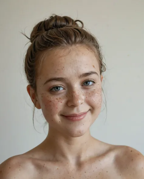 Meisterwerk, best quality, amazing quality, ultra realistic, soft light, freckles lie, messy bun, neutrales Make-up, nice face, detailed skin texture, light smile, low depth of focus, natural background