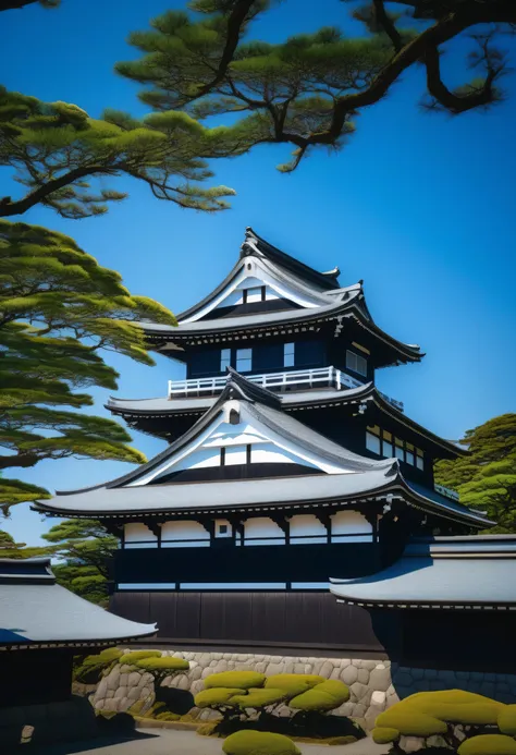 A Japanese castle featuring traditional architecture incorporating black and white elements, Under the blue sky. In the castle、It features beautifully crafted curved roof edges and intricate details. illuminated by natural light, The landscape creates a se...