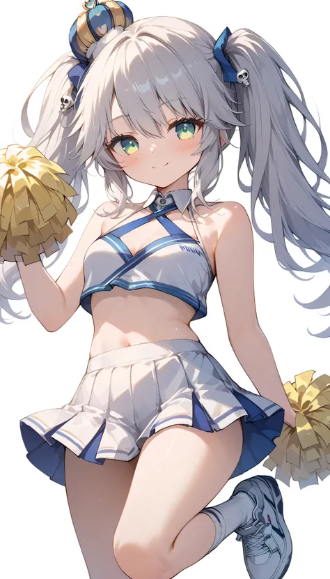 Sybilla, twintails, long hair, white hair, green eyes, 　solo, I can see my eyebrows from the inside of my hair, hair between eyes,　 is embarrassing, masterpiece, Best Quality, very aesthetic, thick thighs, Wide pelvis,  blush,　cheerleader, detached collar,...