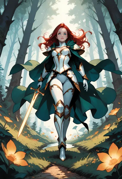 a picture of female human paladin of nature protecting the forest, wearying heavy armor, divine armor, white armor, small cleavage, flowing cloak, long cloak, green cloak, armed with a sword, glowing sword, wearing a glowing holy symbol, a woman, divine k...