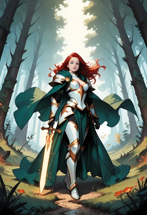 a picture of female human paladin of nature protecting the forest, wearying heavy armor, divine armor, white armor, small cleavage, flowing cloak, long cloak, green cloak, armed with a sword, glowing sword, wearing a glowing holy symbol, a woman, divine k...