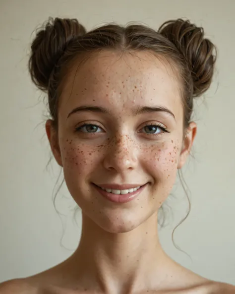 Meisterwerk, best quality, amazing quality, ultra realistic, soft light, freckles lie, messy bun, neutrales Make-up, nice face, detailed skin texture, light smile, low depth of focus, natural background