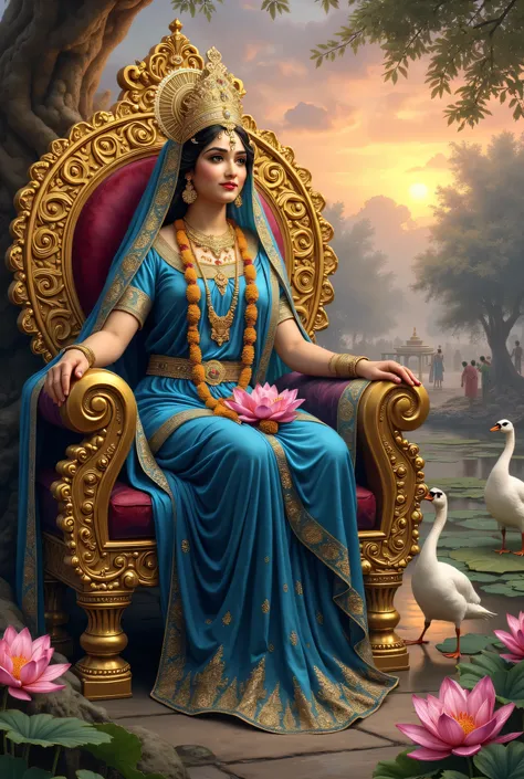 AI Art Prompt:

Shree Radha Rani, the divine queen of Vrindavan, sits gracefully on an opulent golden throne, intricately carved with lotus motifs and adorned with sparkling gemstones. She wears a resplendent blue saree, woven with delicate gold and silver...