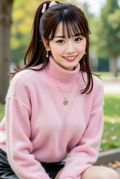  pink turtleneck knit 、fluffy shaggy knit with long hair、sleeveless、Composition taken by pulling the camera、my whole body covered in liquid is shown、dark brown beautiful hair、shortcuts in Kunai、Ears sticking out、round face、super big 、Her body is facing dia...