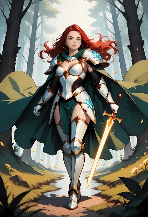 a picture of female human paladin of nature protecting the forest, wearying heavy armor, divine armor, white armor, small cleavage, flowing cloak, long cloak, green cloak, armed with a sword, glowing sword, wearing a glowing holy symbol, a woman, divine k...