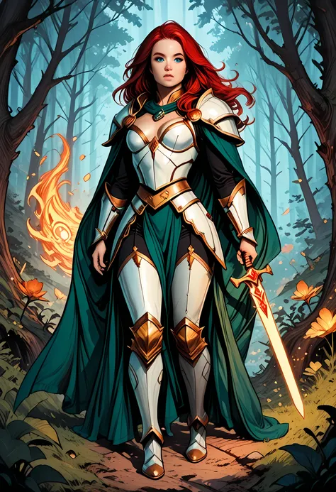 a picture of female human paladin of nature protecting the forest, wearying heavy armor, divine armor, white armor, small cleavage, flowing cloak, long cloak, green cloak, armed with a sword, glowing sword, wearing a glowing holy symbol, a woman, divine k...