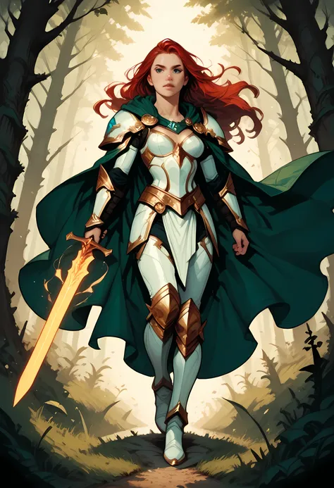 a picture of female human paladin of nature protecting the forest, wearying heavy armor, divine armor, white armor, small cleavage, flowing cloak, long cloak, green cloak, armed with a sword, glowing sword, wearing a glowing holy symbol, a woman, divine k...