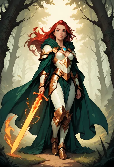 a picture of female human paladin of nature protecting the forest, wearying heavy armor, divine armor, white armor, small cleavage, flowing cloak, long cloak, green cloak, armed with a sword, glowing sword, wearing a glowing holy symbol, a woman, divine k...