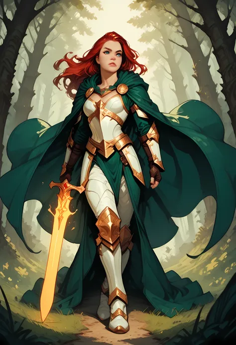 a picture of female human paladin of nature protecting the forest, wearying heavy armor, divine armor, white armor, small cleavage, flowing cloak, long cloak, green cloak, armed with a sword, glowing sword, wearing a glowing holy symbol, a woman, divine k...