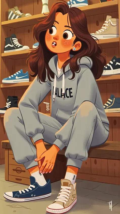 A stylish and elegant young woman(has long brown wavy hair that is naturally flowing,Brown eyes, yellow skin),She's wearing a light gray hoodie(The word “PALACE” is printed on the chest),sits on the bench,Wearing light grey sweatpants and white socks,Tryin...