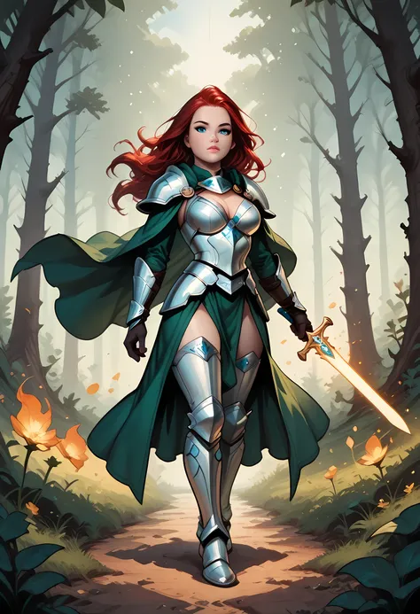 a picture of female human paladin of nature protecting the forest, wearying heavy armor, divine armor, white armor, small cleavage, flowing cloak, long cloak, green cloak, armed with a sword, glowing sword, wearing a glowing holy symbol, a woman, divine k...