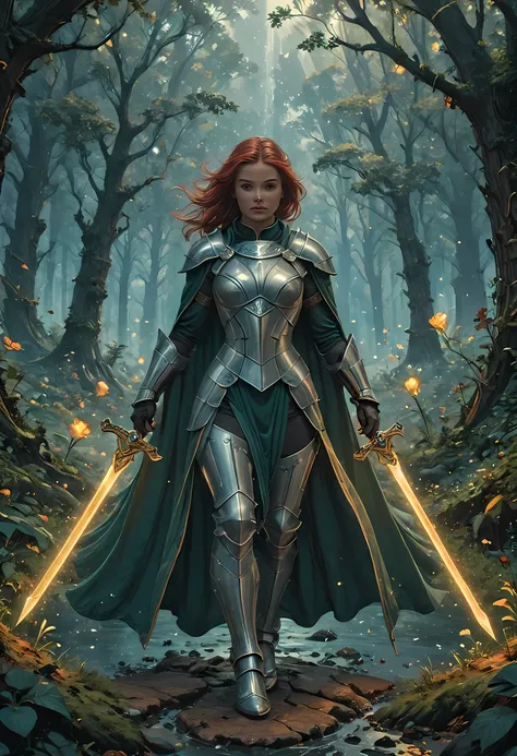 a picture of female human paladin of nature protecting the forest, wearying heavy armor, divine armor, white armor, small cleavage, flowing cloak, long cloak, green cloak, armed with a sword, glowing sword, wearing a glowing holy symbol, a woman, divine k...