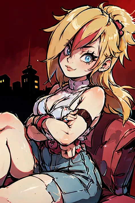 (masterpiece, best quality:1.2), red glowing eyes, red eyes, the eyes are red, perfect face, , strong make up, highres, 1 girl, solo, ultra long ponytail, (female:1.5), strife, blonde hair, shoulder armor, sleeveless turtleneck, suspenders, belt, gloves, b...