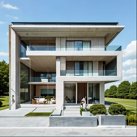 Building design, . , by zaha hadid and norman foster, gardens lawn. Asphalt at front, smooth contrasting wall colors . Green marble on the top roof, black paint on white, blue sky with white cloud