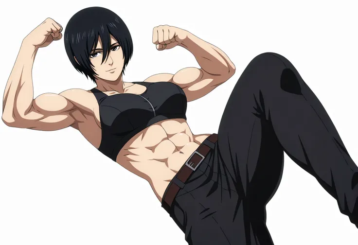 anime coloring, anime screencap, mikasa ackerman, 1girl, solo, short hair, black hair, towards viewer, badass, closed mouth, black sport bra, , belt, black pants, standing, cowboy shot, looking at viewer,, white background, simple background, masterpiece, ...